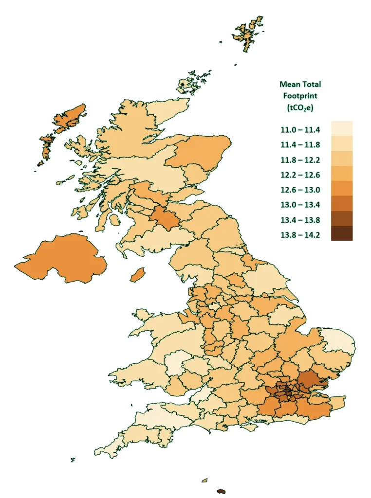 Mean total carbon footprint (tCO2e) by postcode